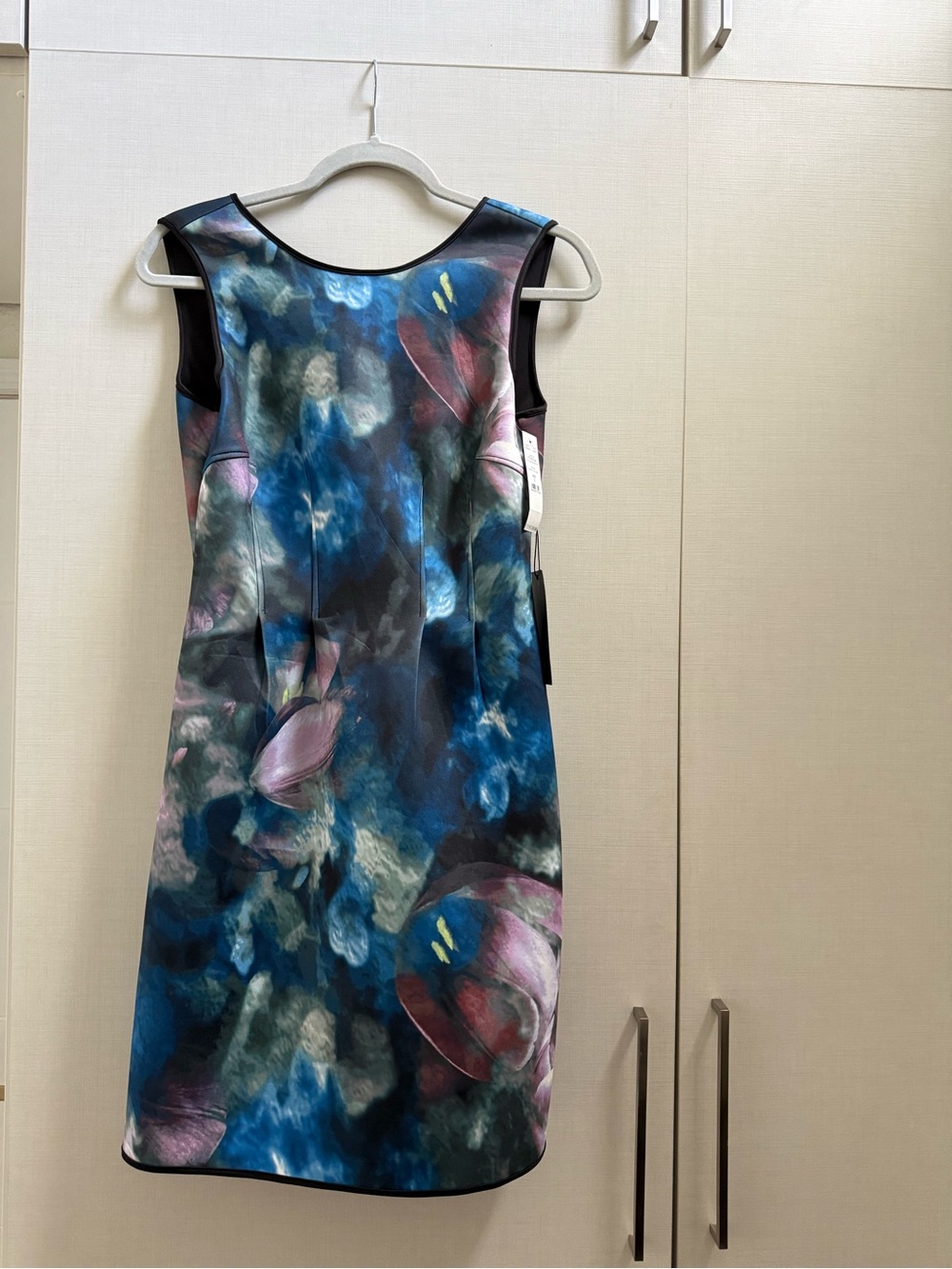 White House Black Market Blue, Pink and Black Abstract Floral Sheath Dress